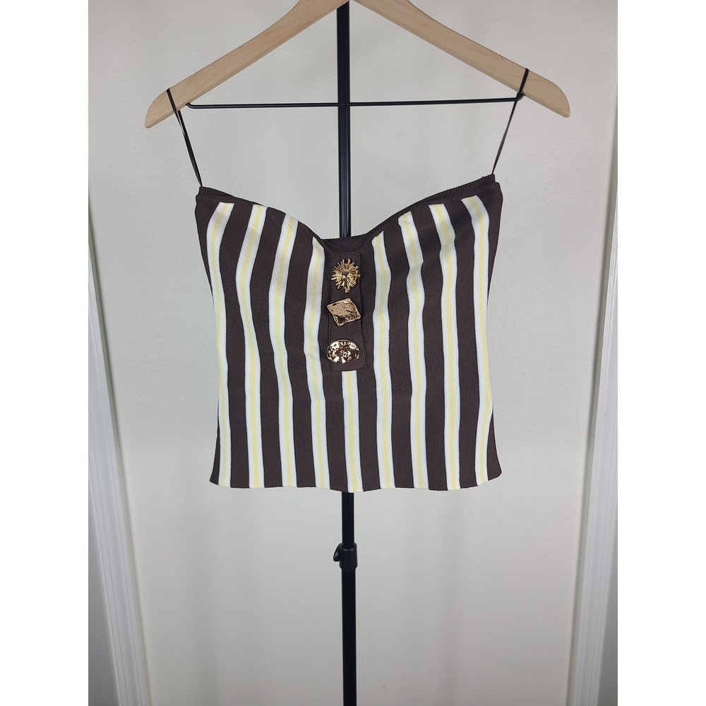 Galita Fashion Brown Striped Knit Tube Top Gold Sun Lion Buttons Size M NEW